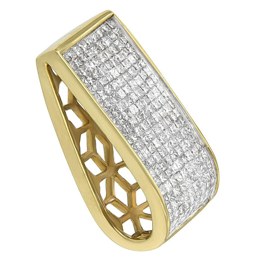 Close-up angled view of a yellow metal necklace pendant featuring a curved rectangular surface paved with channel-set white princess-shaped gemstones and an open geometric pattern on the side.