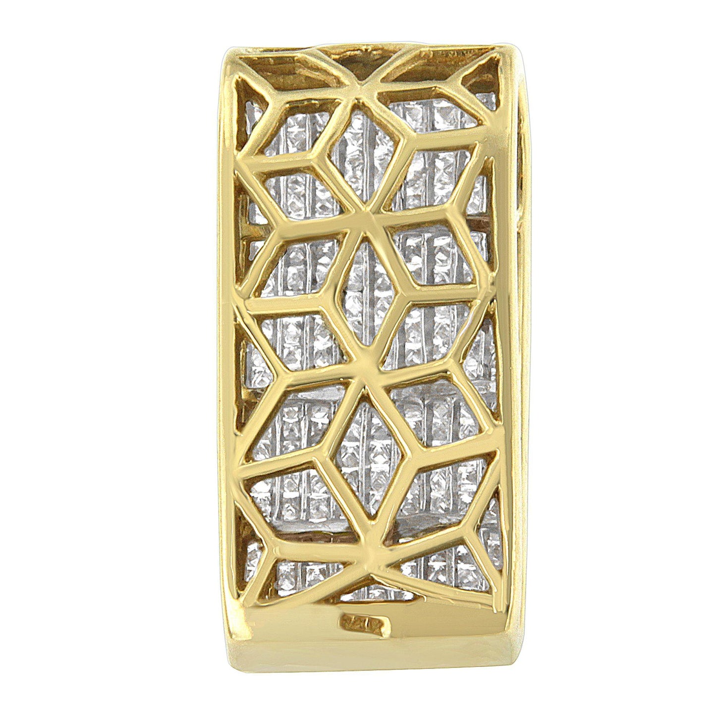 Close-up front view of a yellow metal necklace pendant with a geometric lattice design overlaying multiple rows of channel-set white princess-shaped gemstones.