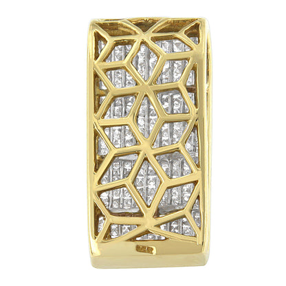 Close-up front view of a yellow metal necklace pendant with a geometric lattice design overlaying multiple rows of channel-set white princess-shaped gemstones.