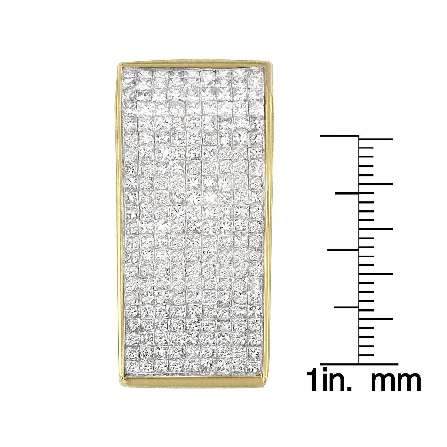 Close-up front view of a rectangular yellow necklace pendant with multiple white princess-shaped gemstones in a channel setting, shown next to a ruler for size reference.