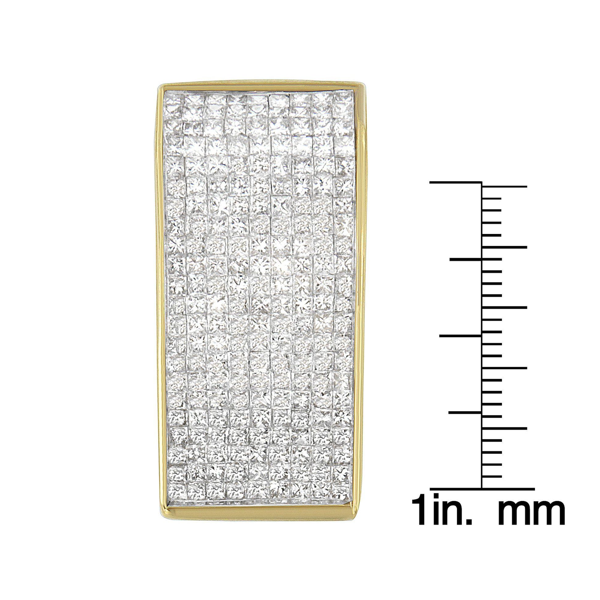 Close-up front view of a rectangular yellow necklace pendant with multiple white princess-shaped gemstones in a channel setting, shown next to a ruler for size reference.