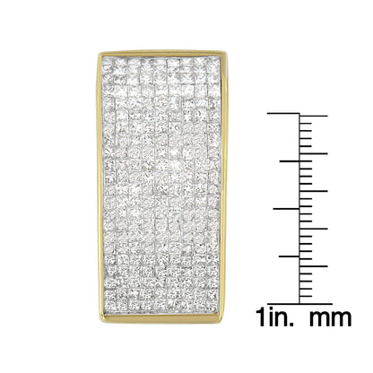 Close-up front view of a rectangular yellow necklace pendant with multiple white princess-shaped gemstones in a channel setting, shown next to a ruler for size reference.