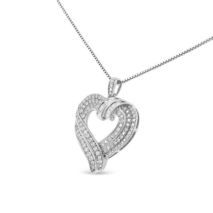 Front angled view of a white metal heart-shaped necklace pendant with round prong-set white gemstones and baguette channel-set white gemstones on a white metal chain.