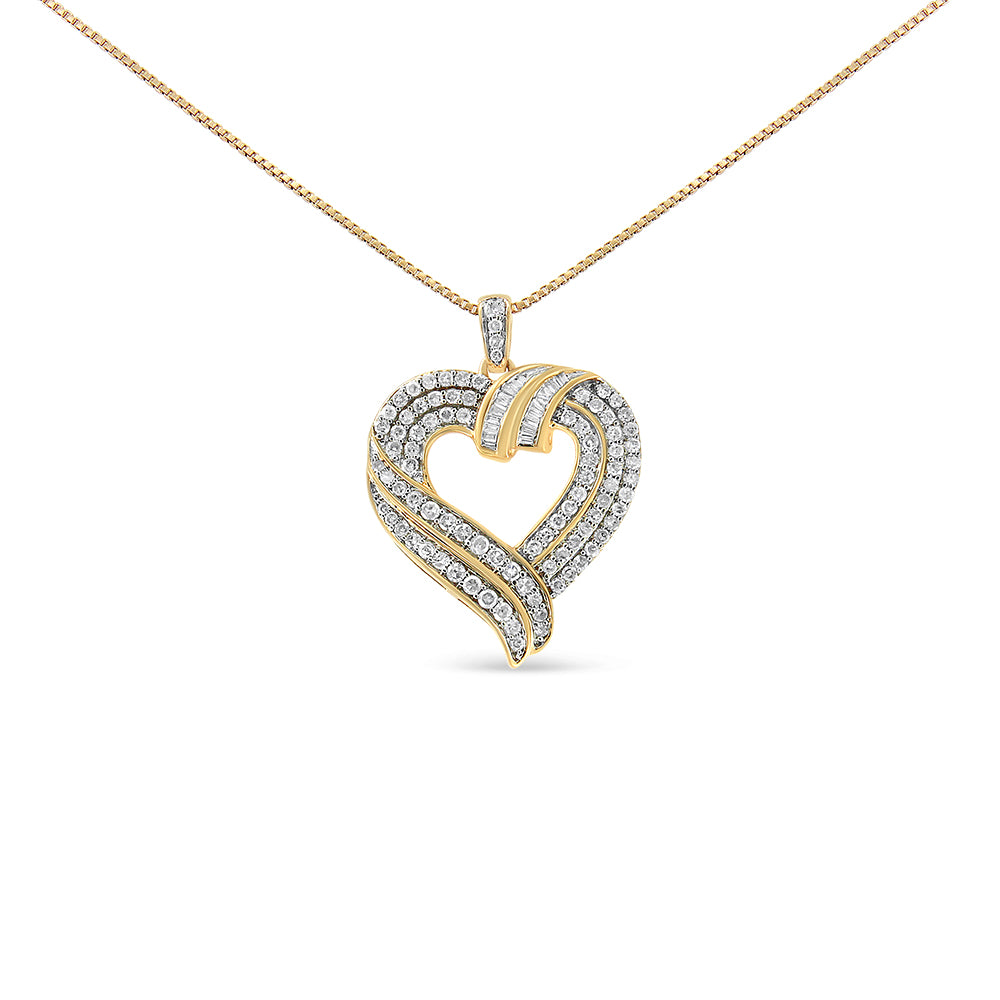 Front view of a yellow metal heart-shaped necklace pendant with round prong-set white gemstones and channel-set baguette white gemstones.
