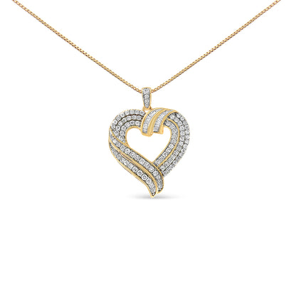 Front view of a yellow metal heart-shaped necklace pendant with round prong-set white gemstones and channel-set baguette white gemstones.