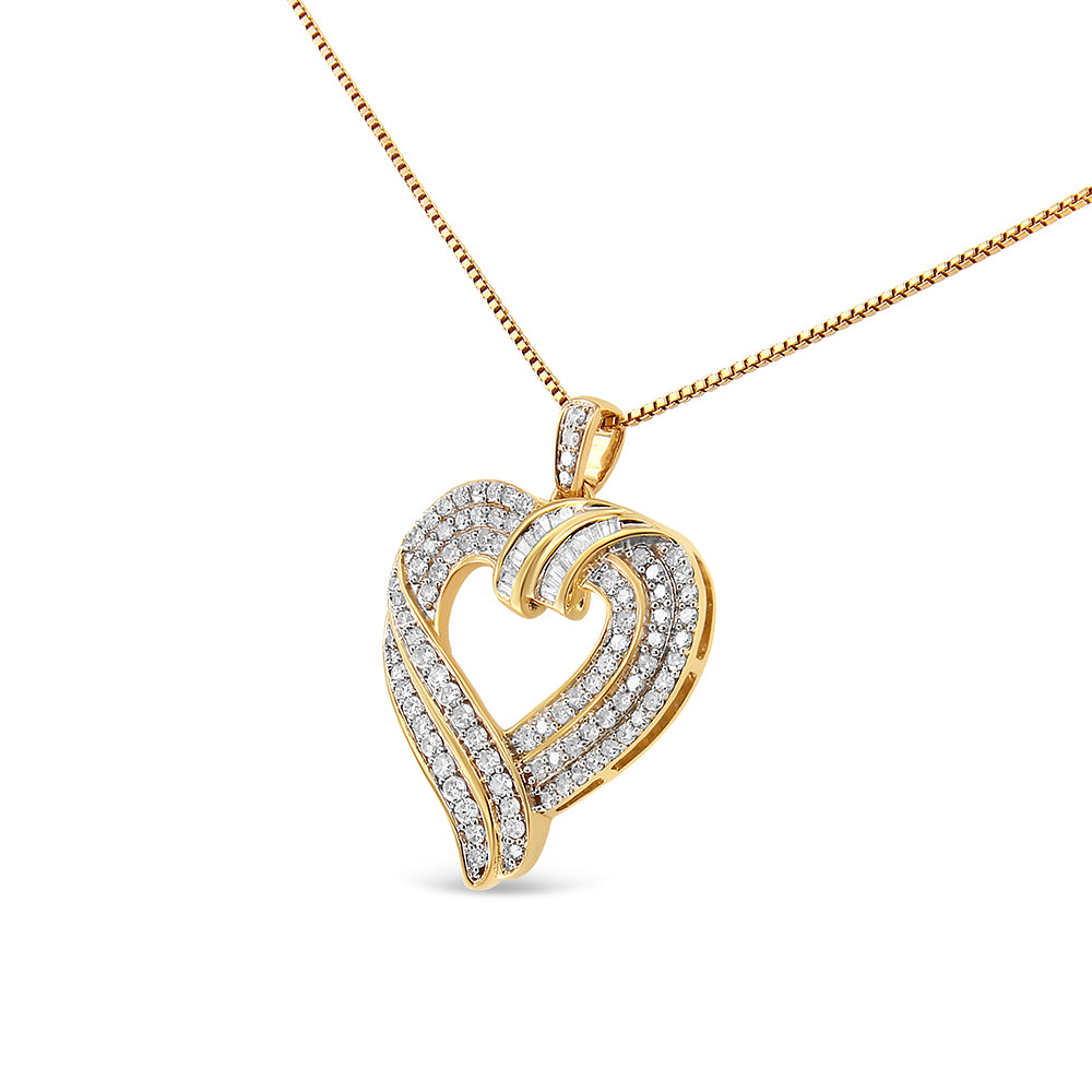 Yellow metal heart-shaped necklace pendant with white round prong-set and baguette channel-set gemstones, shown from a front angle.