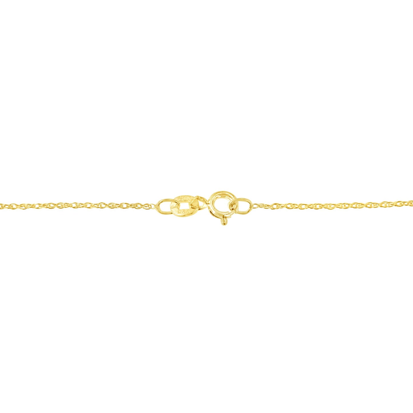 Close-up view of a yellow metal necklace clasp and chain against a white background.