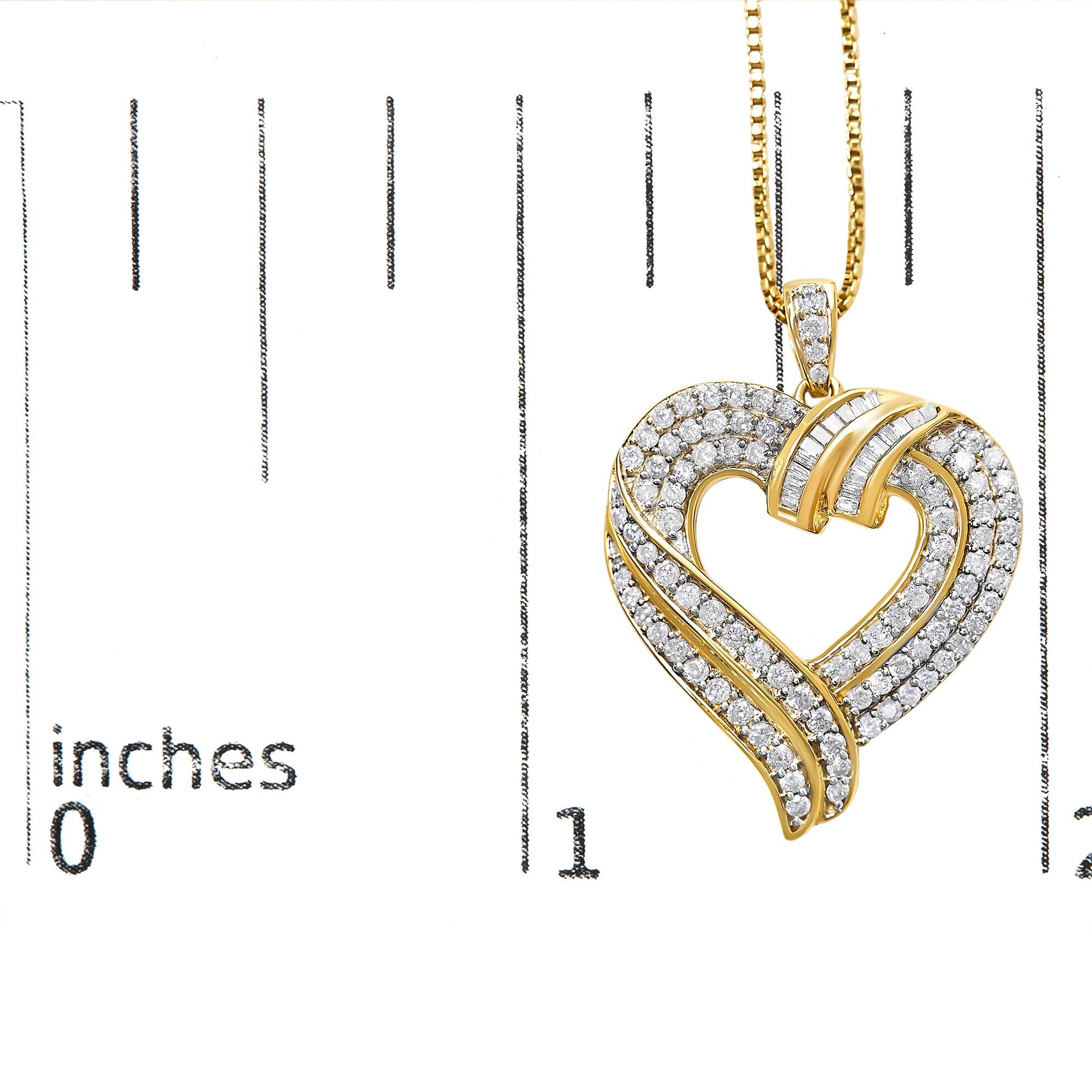 Yellow metal heart-shaped necklace pendant with round white gemstones in prong settings and baguette white gemstones in channel settings, shown hanging on a chain over a ruler for size reference, front angled view.
