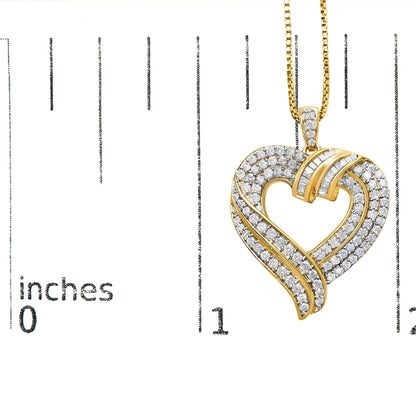 Yellow metal heart-shaped necklace pendant with round white gemstones in prong settings and baguette white gemstones in channel settings, shown hanging on a chain over a ruler for size reference, front angled view.