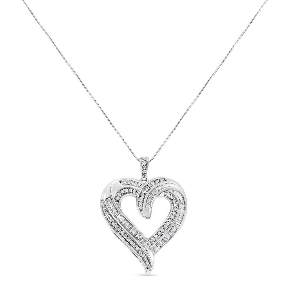 Front-facing view of white metal heart-shaped necklace pendant with alternating rows of round and baguette white gemstones in prong and channel settings, suspended from a delicate chain.