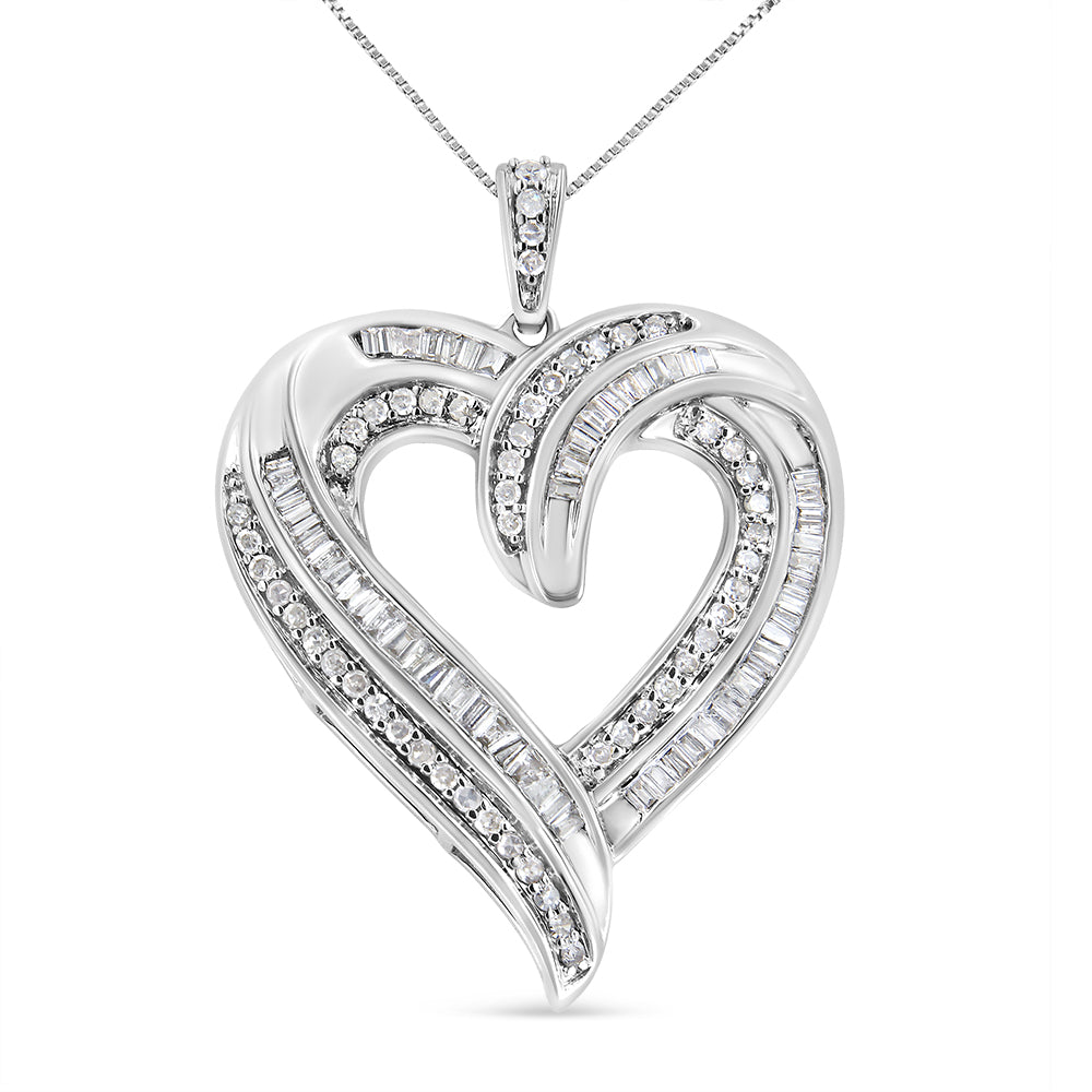 Front-facing shot of a white heart-shaped necklace pendant adorned with round white gemstones in prong settings and baguette white gemstones in channel settings, hanging from a delicate chain.