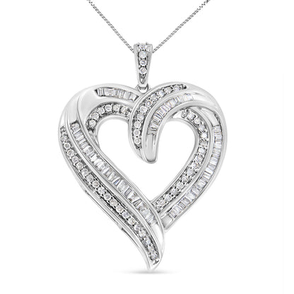 Front-facing shot of a white heart-shaped necklace pendant adorned with round white gemstones in prong settings and baguette white gemstones in channel settings, hanging from a delicate chain.