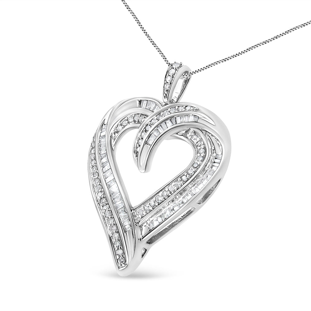 Close-up front angle of a white metal heart-shaped necklace pendant featuring rows of round and baguette white gemstones in prong and channel settings.
