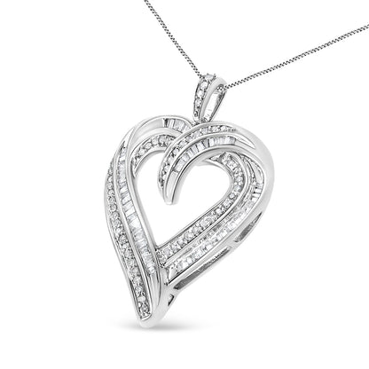 Close-up front angle of a white metal heart-shaped necklace pendant featuring rows of round and baguette white gemstones in prong and channel settings.