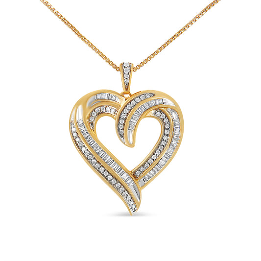 Front-facing shot of a yellow metal heart-shaped necklace pendant adorned with white round prong-set and baguette channel-set gemstones.