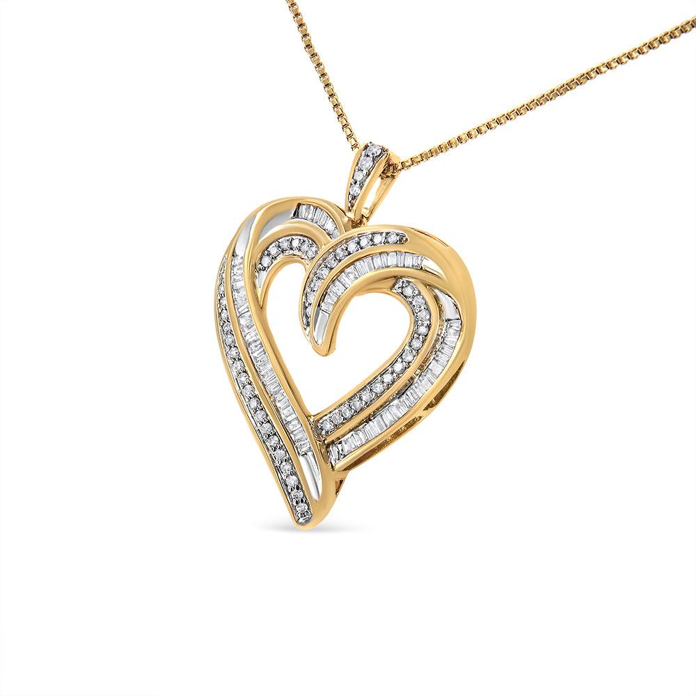 Front angled view of a yellow necklace with a heart-shaped pendant featuring alternating rows of round white gemstones in prong setting and baguette white gemstones in channel setting.