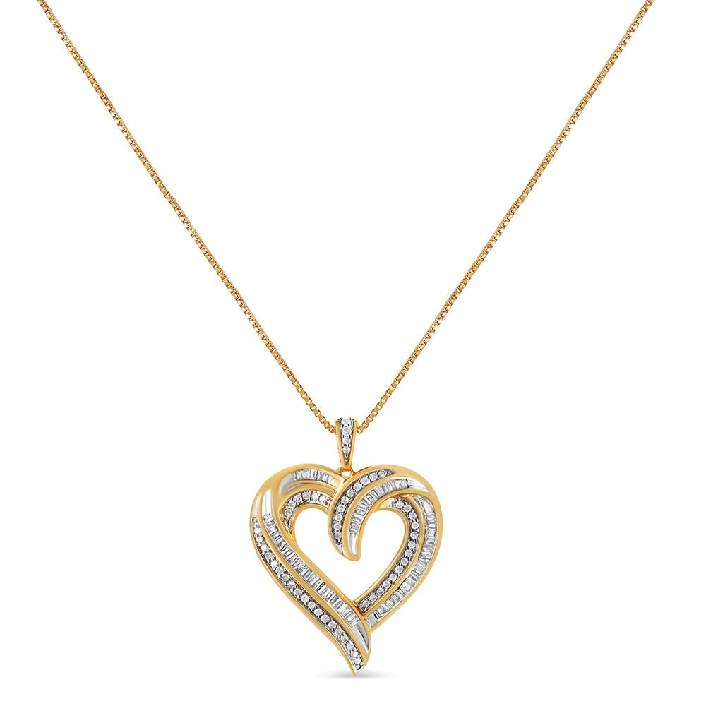 Front-facing shot of a yellow metal heart-shaped necklace pendant with alternating rows of round prong-set white gemstones and baguette channel-set white gemstones, hanging from a fine yellow metal chain.
