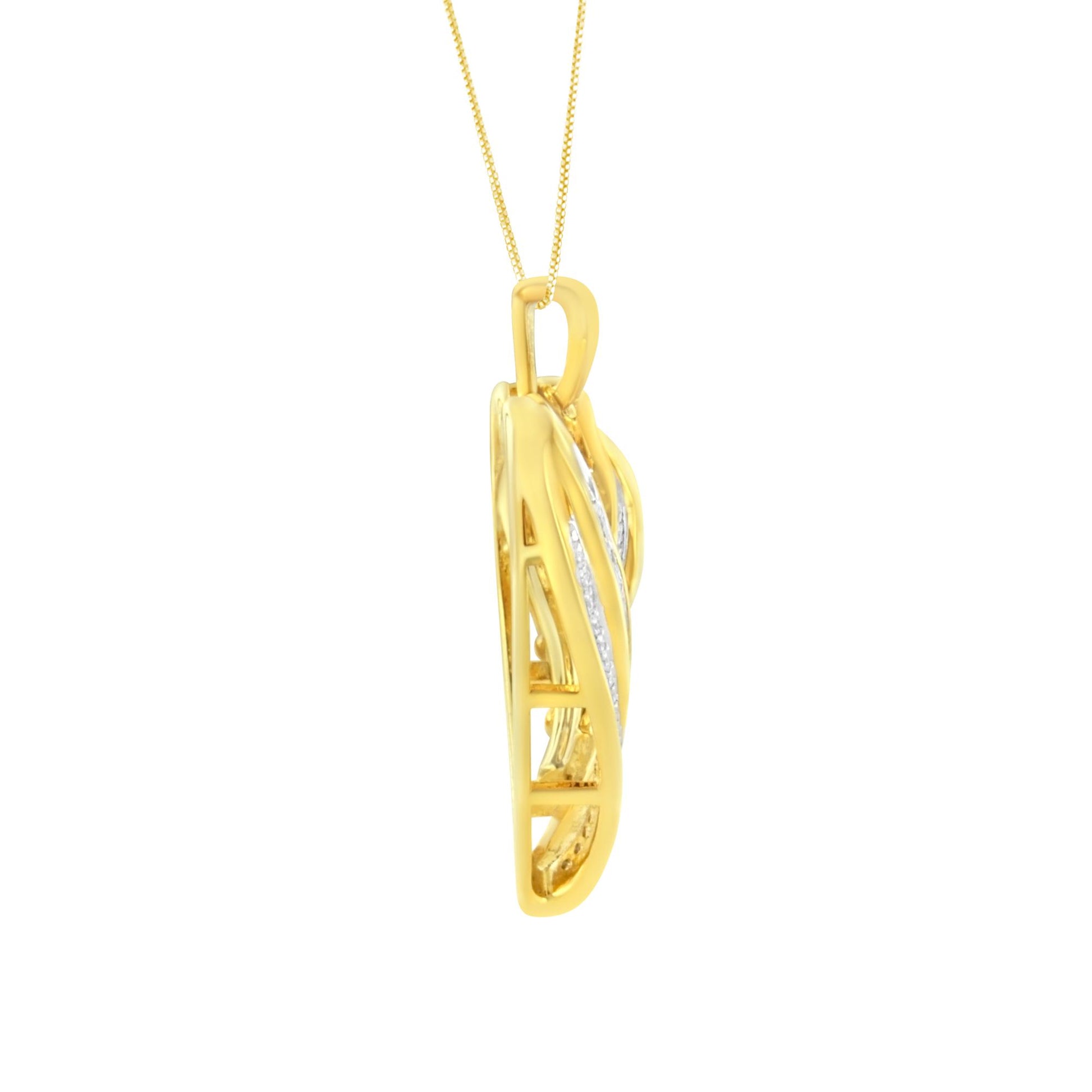Side view of a yellow metal necklace pendant with round prong-set white gemstones and baguette channel-set white gemstones, hanging from a chain against a white background.
