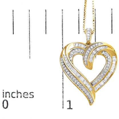 Close-up front view of a yellow metal heart-shaped necklace pendant with alternating rows of round prong-set white gemstones and baguette channel-set white gemstones, displayed on a ruler for size reference.