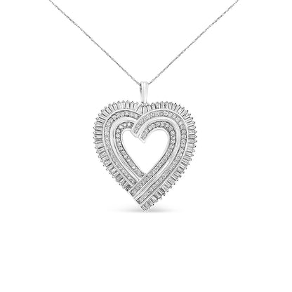 Front view of a white metal heart-shaped necklace pendant featuring two rows of white round gemstones in shared prong setting and an outer row of white baguette gemstones in channel setting on a thin chain.