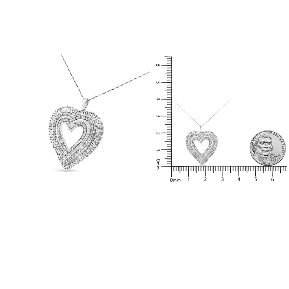 White heart-shaped necklace with inner and outer rows of round and baguette white gemstones, shown front-facing on white background and side by side on a ruler for size reference.