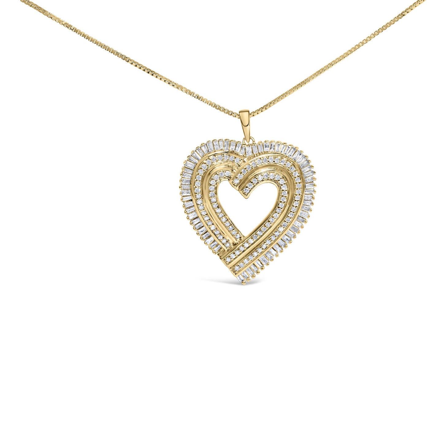 Front-facing image of a yellow metal heart-shaped necklace pendant featuring alternating rows of round and baguette white gemstones on a chain.