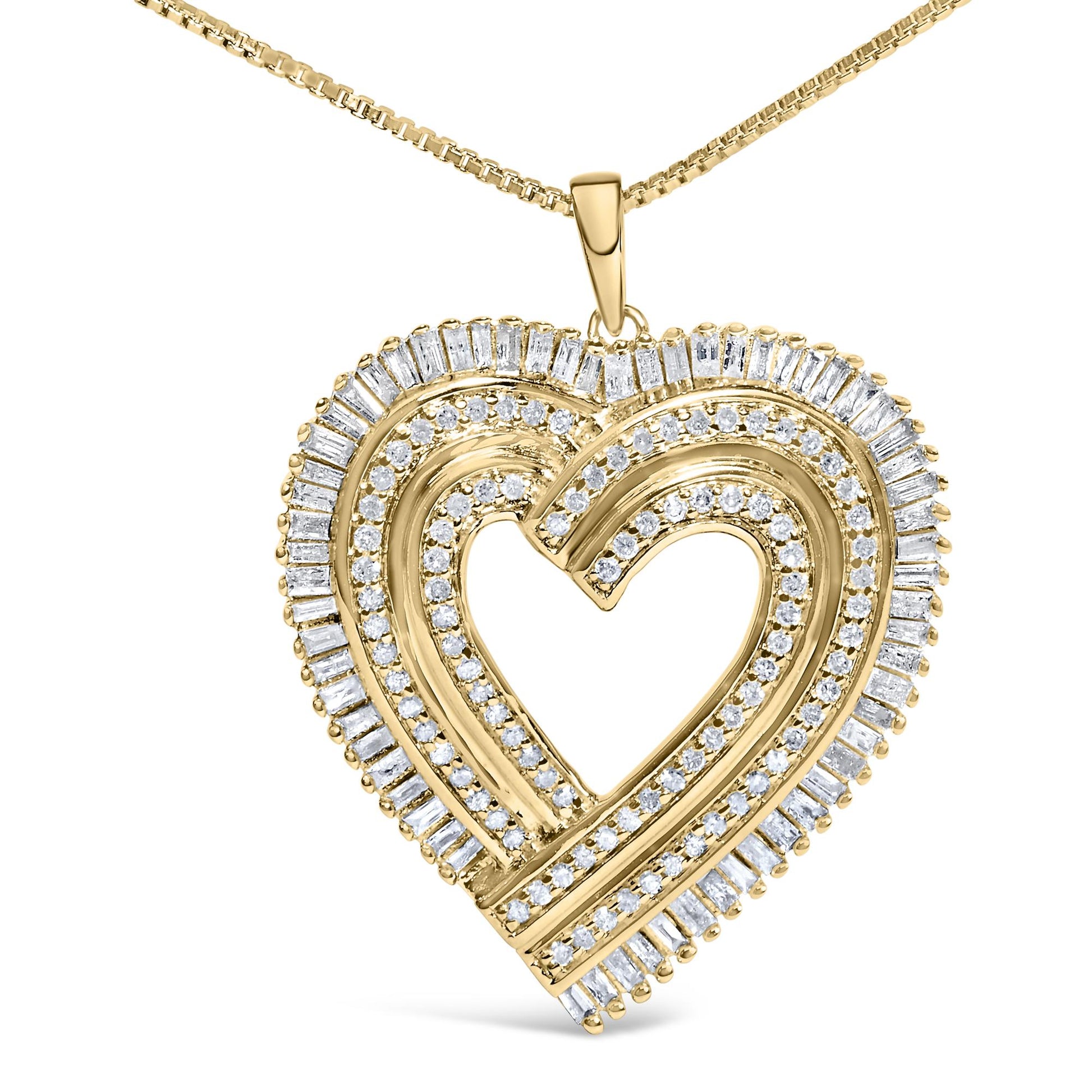 Front-facing close-up of a yellow metal heart-shaped necklace pendant with channel-set baguette-shaped white gemstones outlining the outer edge and prong-set round white gemstones curving inside the heart.