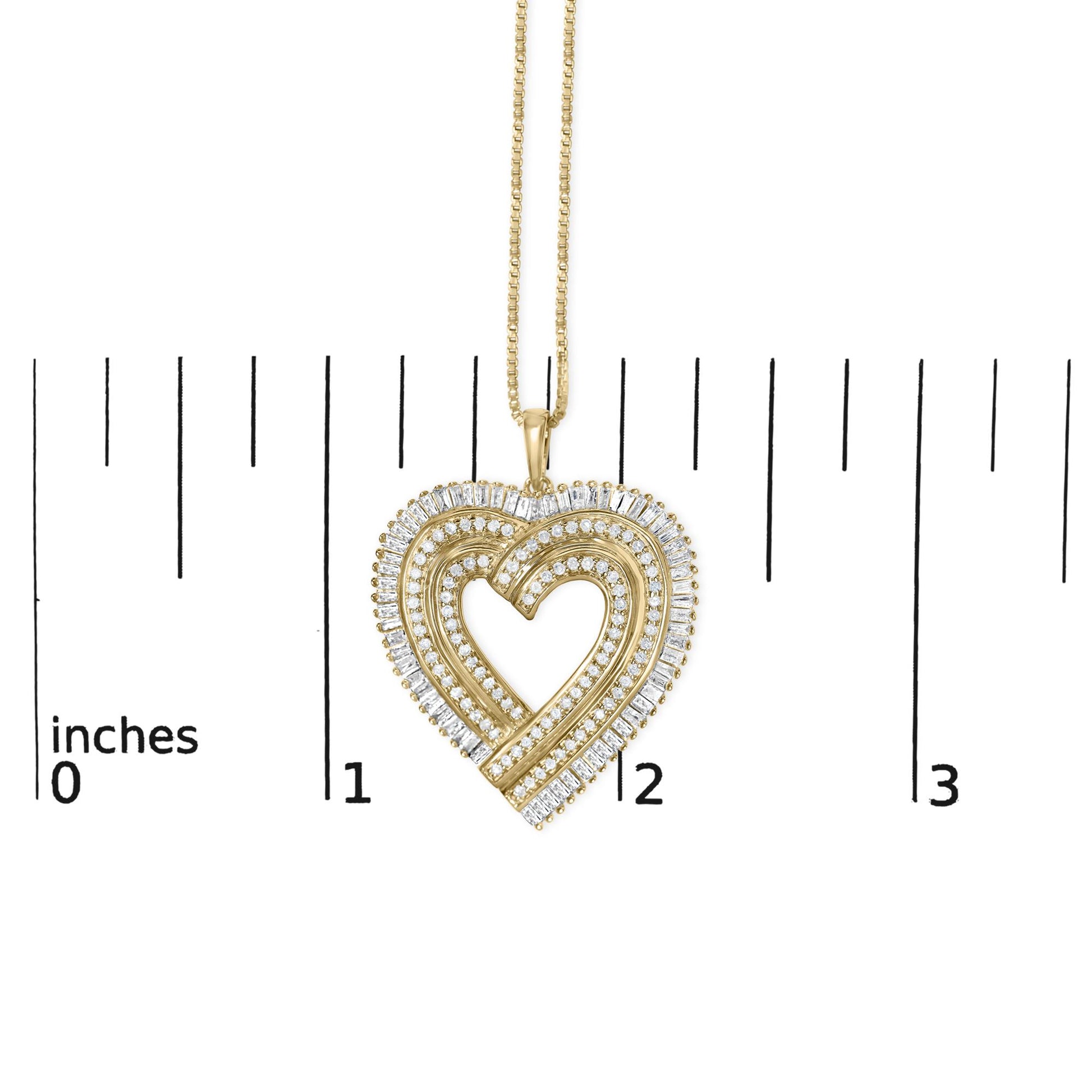 Yellow necklace with heart-shaped pendant set with round and baguette white gemstones, shown front on against ruler for size reference.