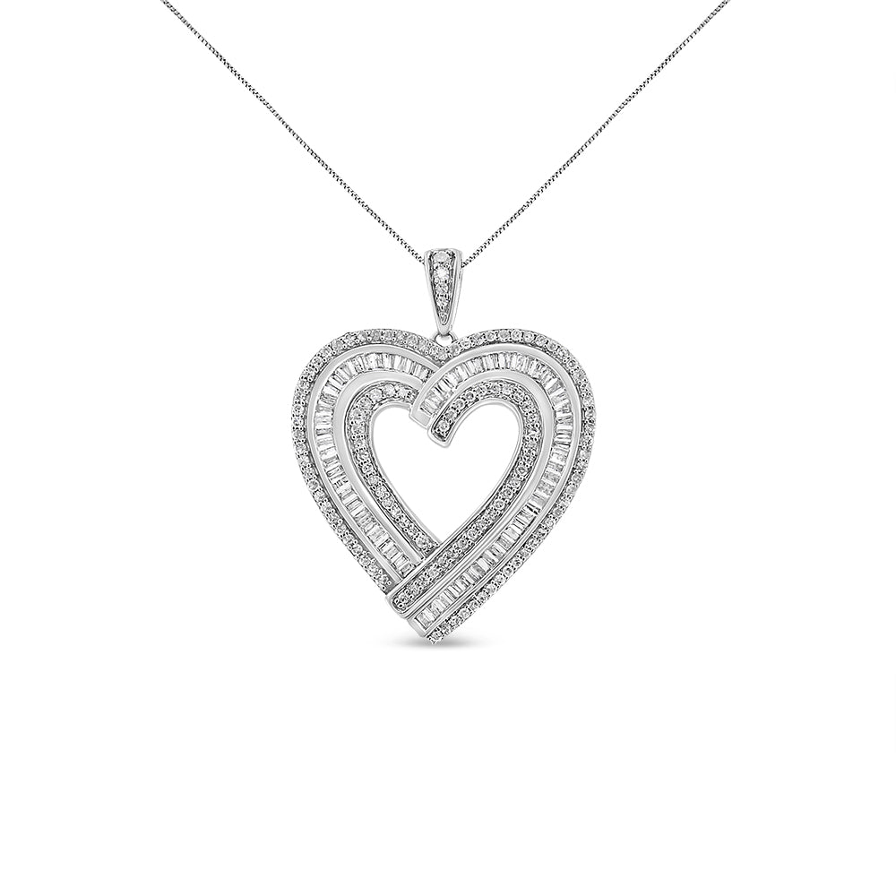 Front view of a white metal heart-shaped necklace pendant with overlapping rows of white baguette and round gemstones, suspended on a fine chain.