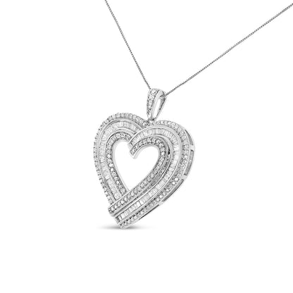 White metal heart-shaped necklace pendant with intertwined design, featuring white round gemstones in prong setting and white baguette gemstones in channel setting, shown in a front-facing angle.