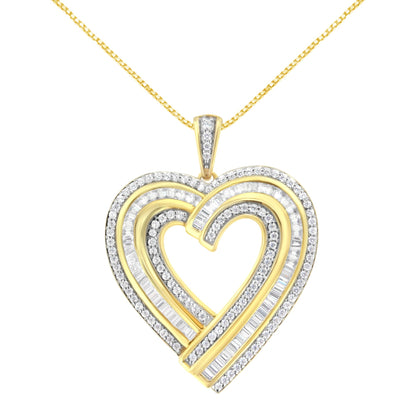 Front view of a yellow metal heart-shaped necklace pendant with rows of white round gemstones in prong settings and white baguette gemstones in channel settings.