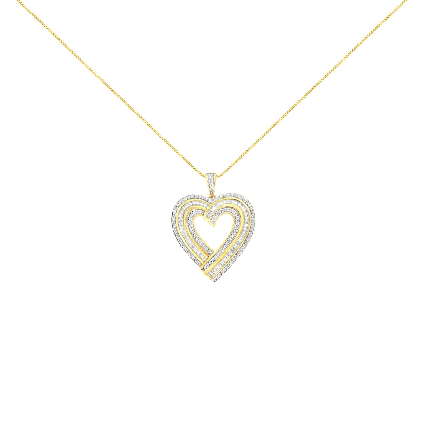 Front-facing shot of a yellow metal heart-shaped necklace pendant with white round gemstones in prong settings and white baguette gemstones in channel settings.