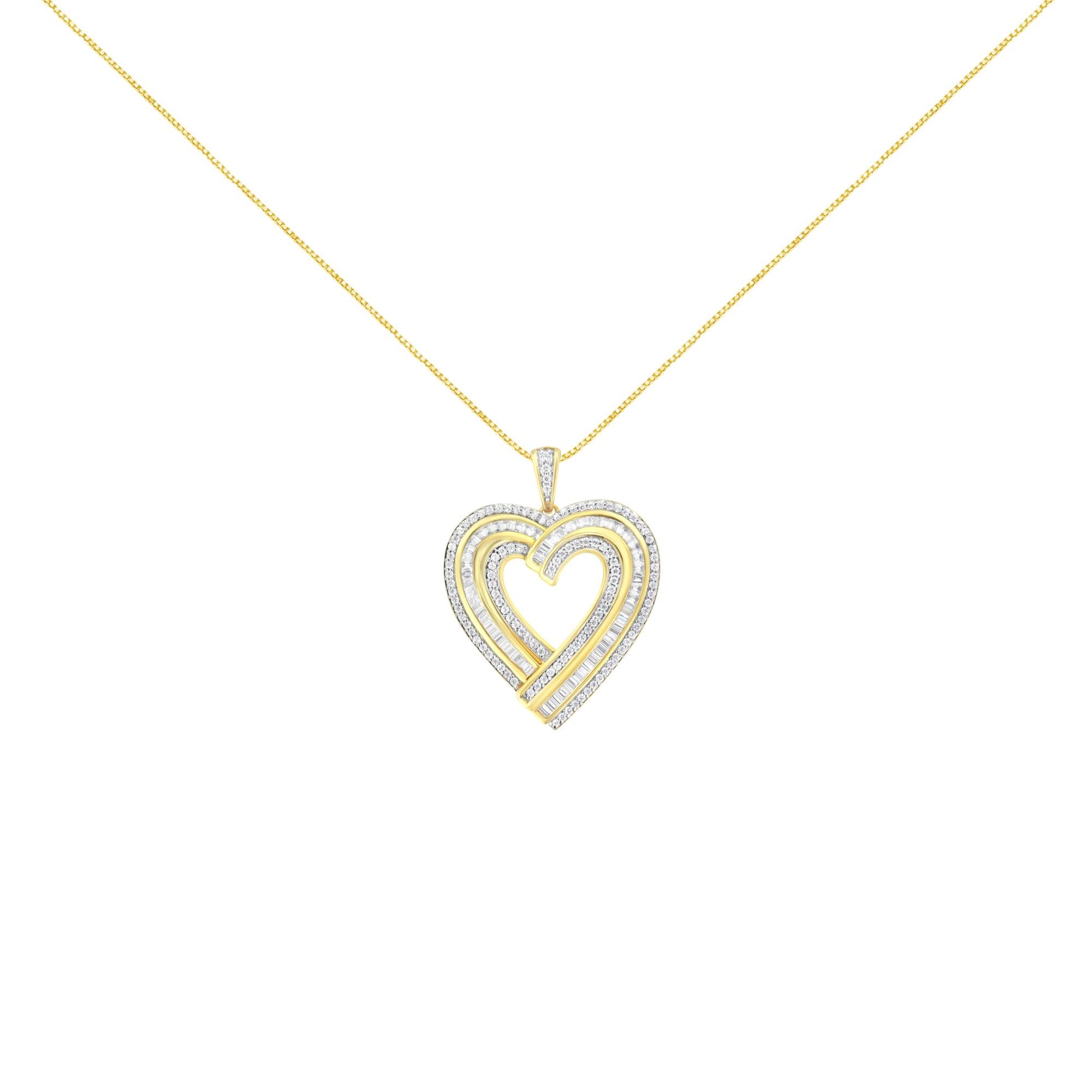 Front-facing shot of a yellow metal heart-shaped necklace pendant with white round gemstones in prong settings and white baguette gemstones in channel settings.