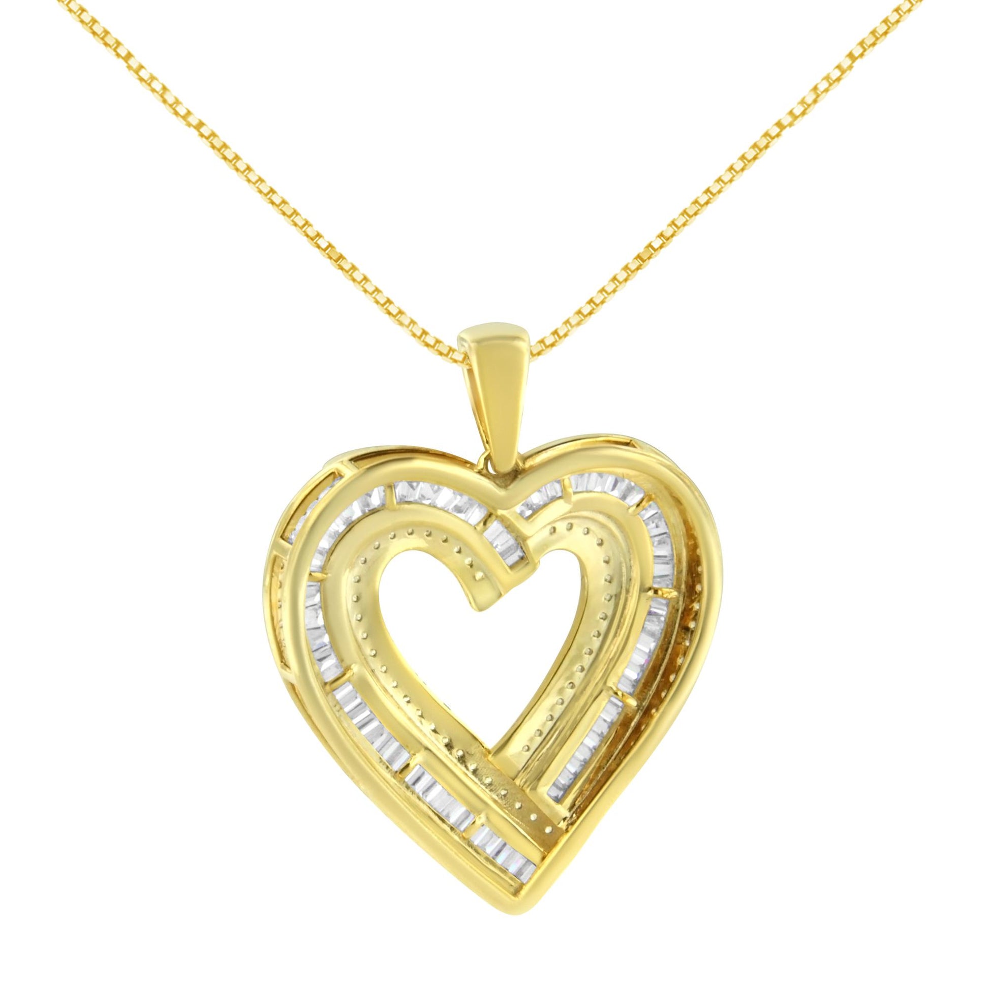 Front-facing shot of a yellow metal heart-shaped necklace pendant featuring two rows of white baguette-shaped channel-set gemstones forming the heart shape.