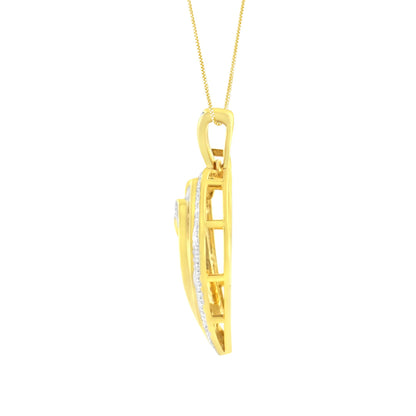 Side view of a yellow metal necklace pendant featuring rows of white round gemstones in prong settings and white baguette gemstones in channel settings, shown hanging on a chain against a white background.