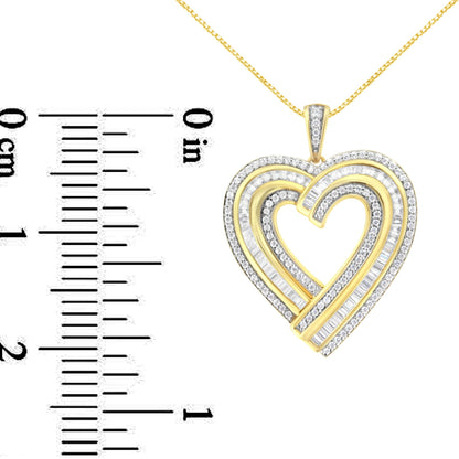 Front view of yellow necklace with heart-shaped pendant featuring interlocking rows of white round prong-set gemstones and white baguette channel-set gemstones, shown next to a ruler for size reference.