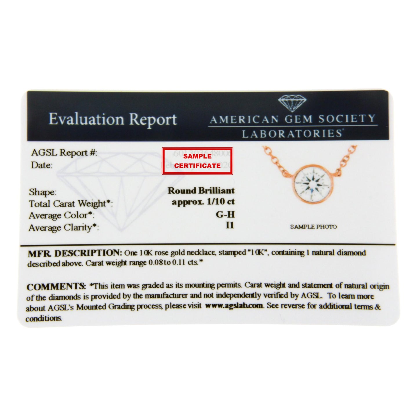 Image showing a certificate with a small image of a rose-colored necklace featuring a round white gemstone in a bezel setting, shown from the front angle.