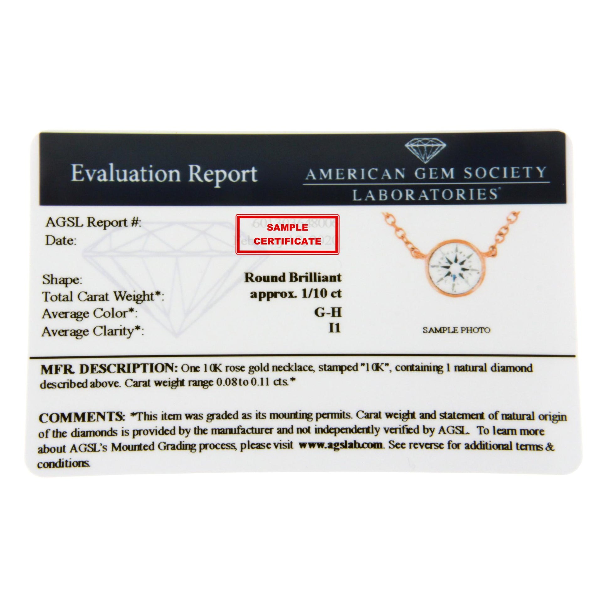 Image showing a certificate with a small image of a rose-colored necklace featuring a round white gemstone in a bezel setting, shown from the front angle.