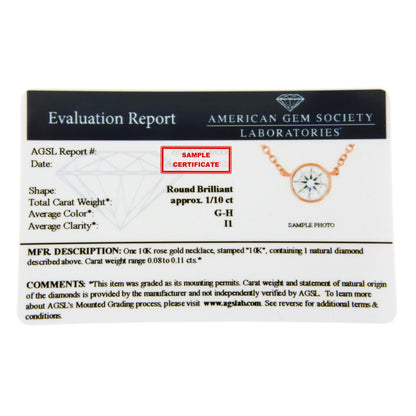 Image showing a certificate with a small image of a rose-colored necklace featuring a round white gemstone in a bezel setting, shown from the front angle.