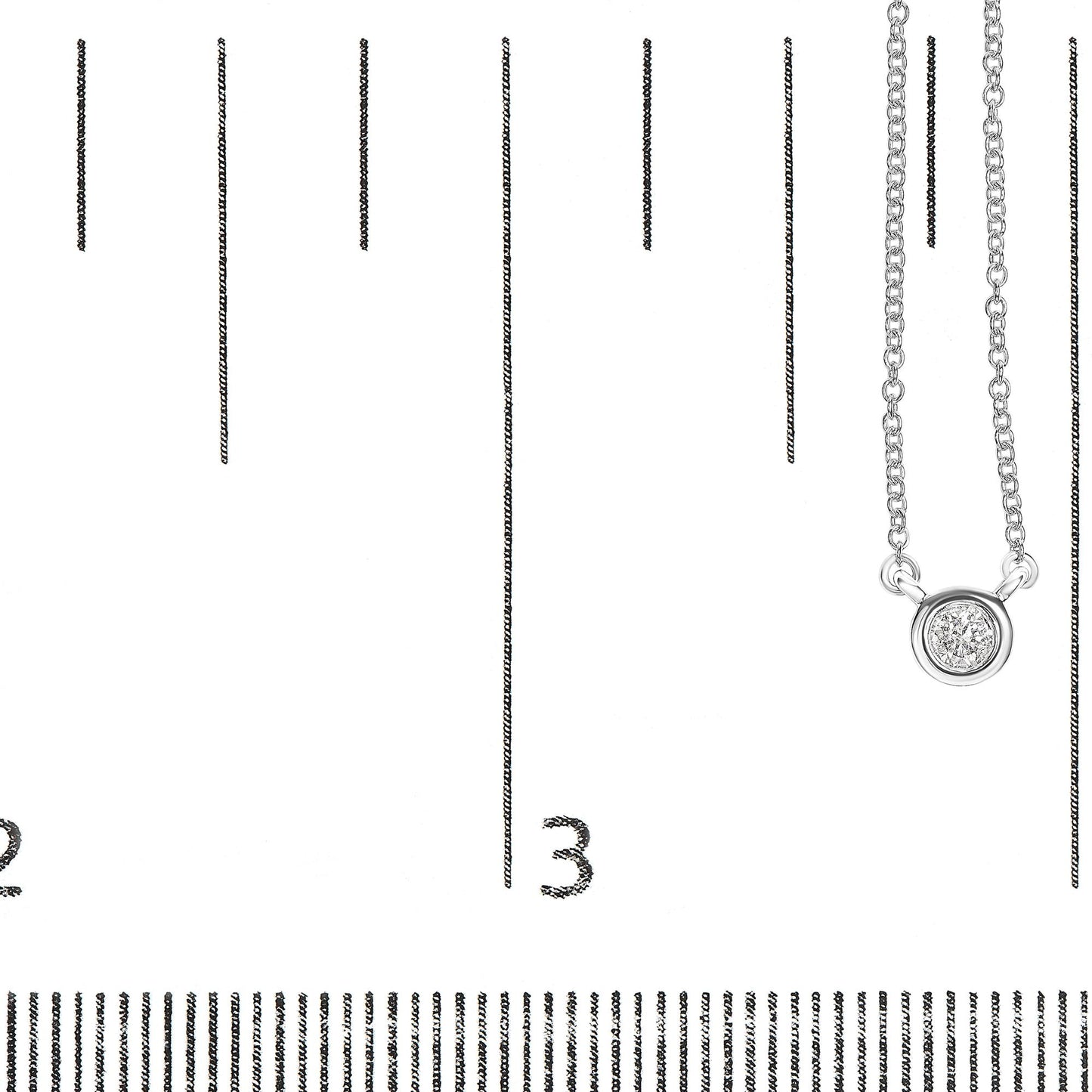 Close-up front angle of a white metal necklace with a single round bezel-set white gemstone pendant, displayed on a ruler for size reference.
