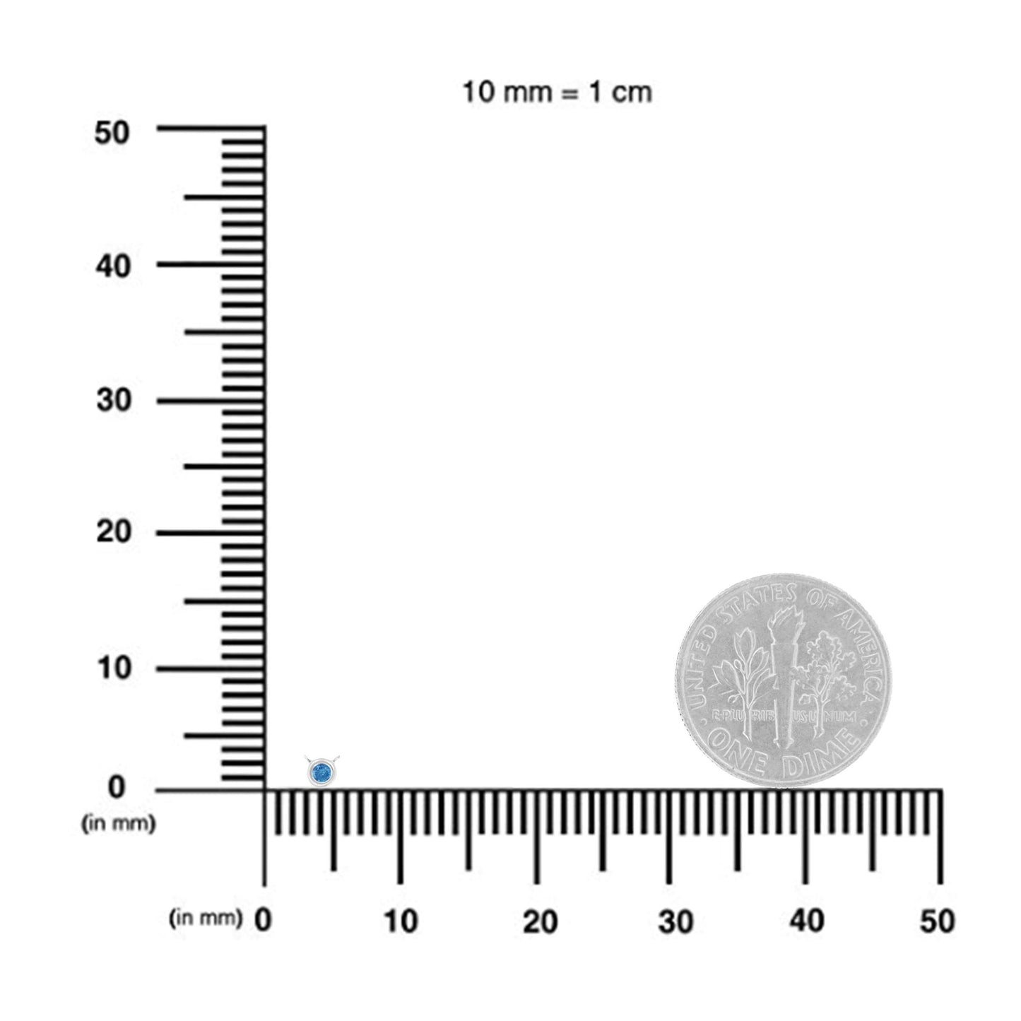 Close-up of a white necklace with a round blue gemstone in bezel setting, shown on a ruler and scale for size reference.