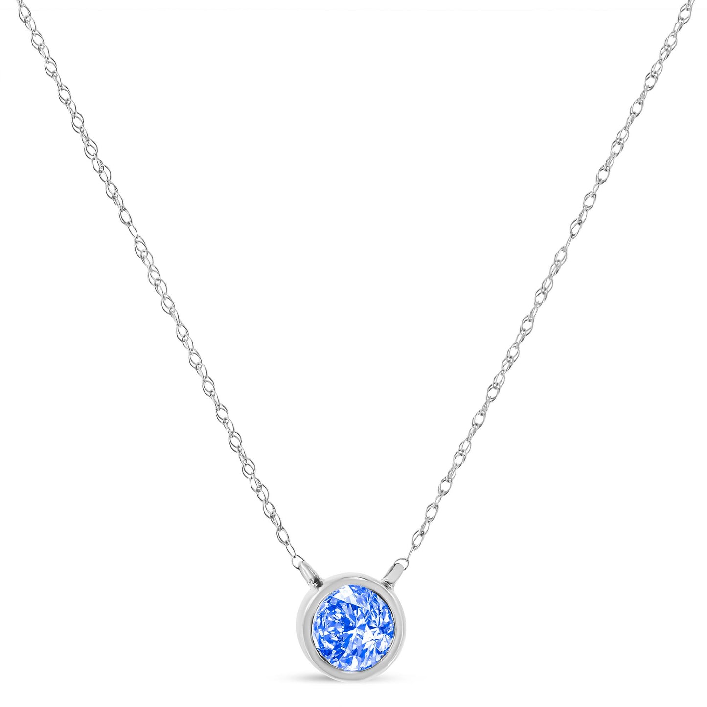 Front view of a white necklace with a single round blue gemstone in a bezel setting on a fine chain.