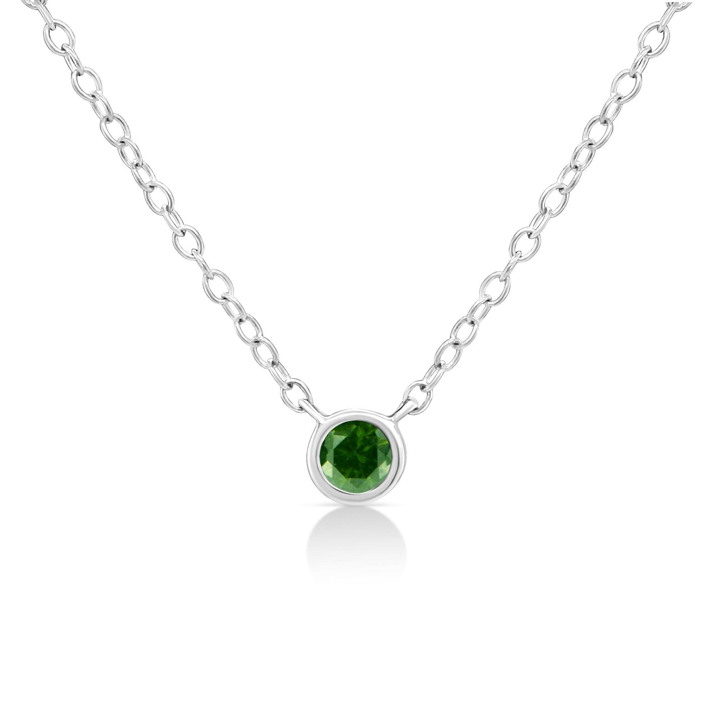 White necklace with round green gemstone in bezel setting, front angle.