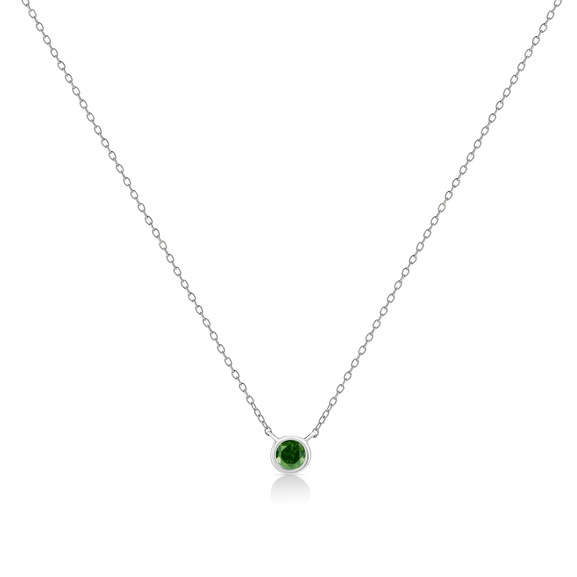 Front view of a white metal necklace with a round green gemstone in a bezel setting pendant.