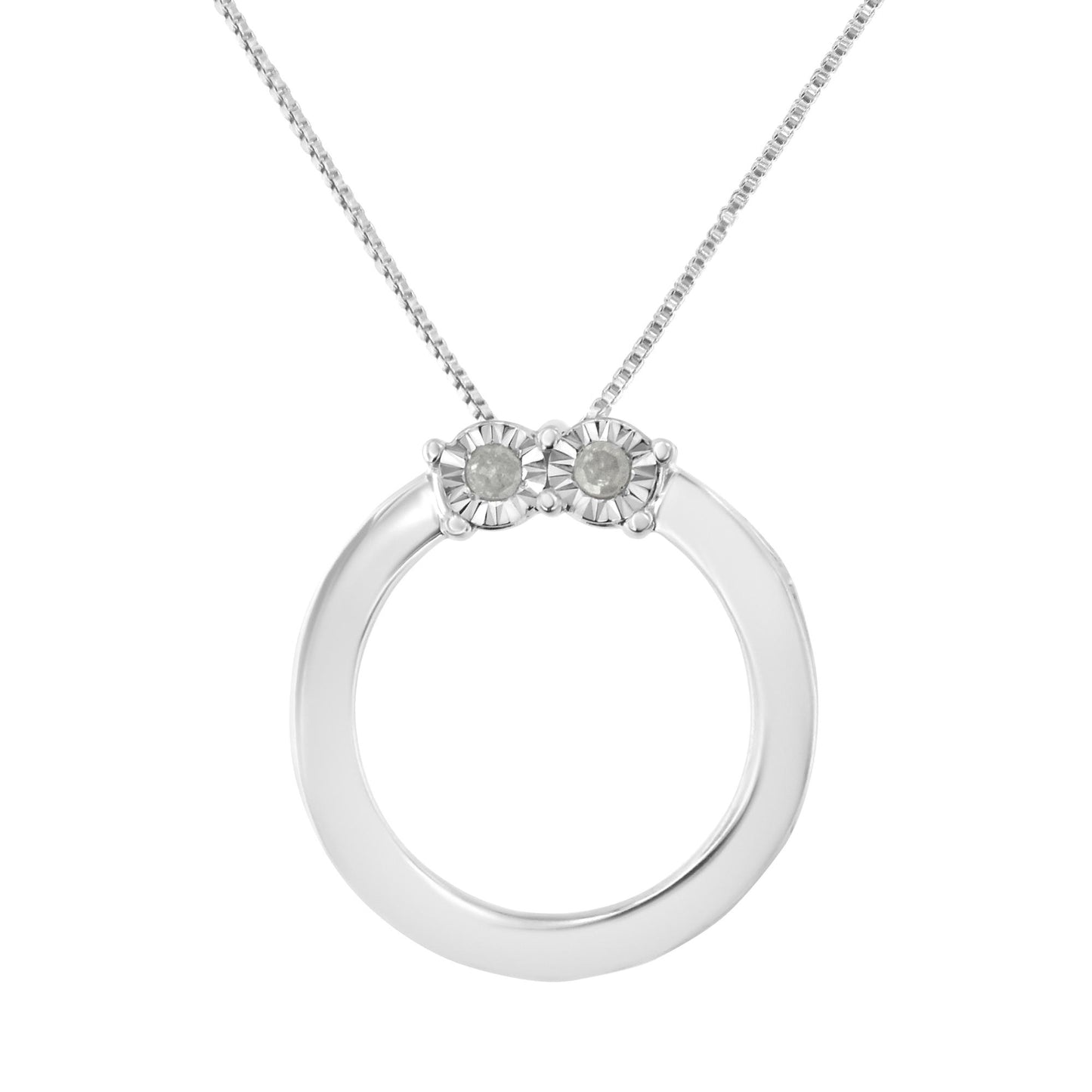 Front-facing close-up of a white metal circular necklace pendant featuring two round white gemstones in miracle settings at the top, on a matching chain.