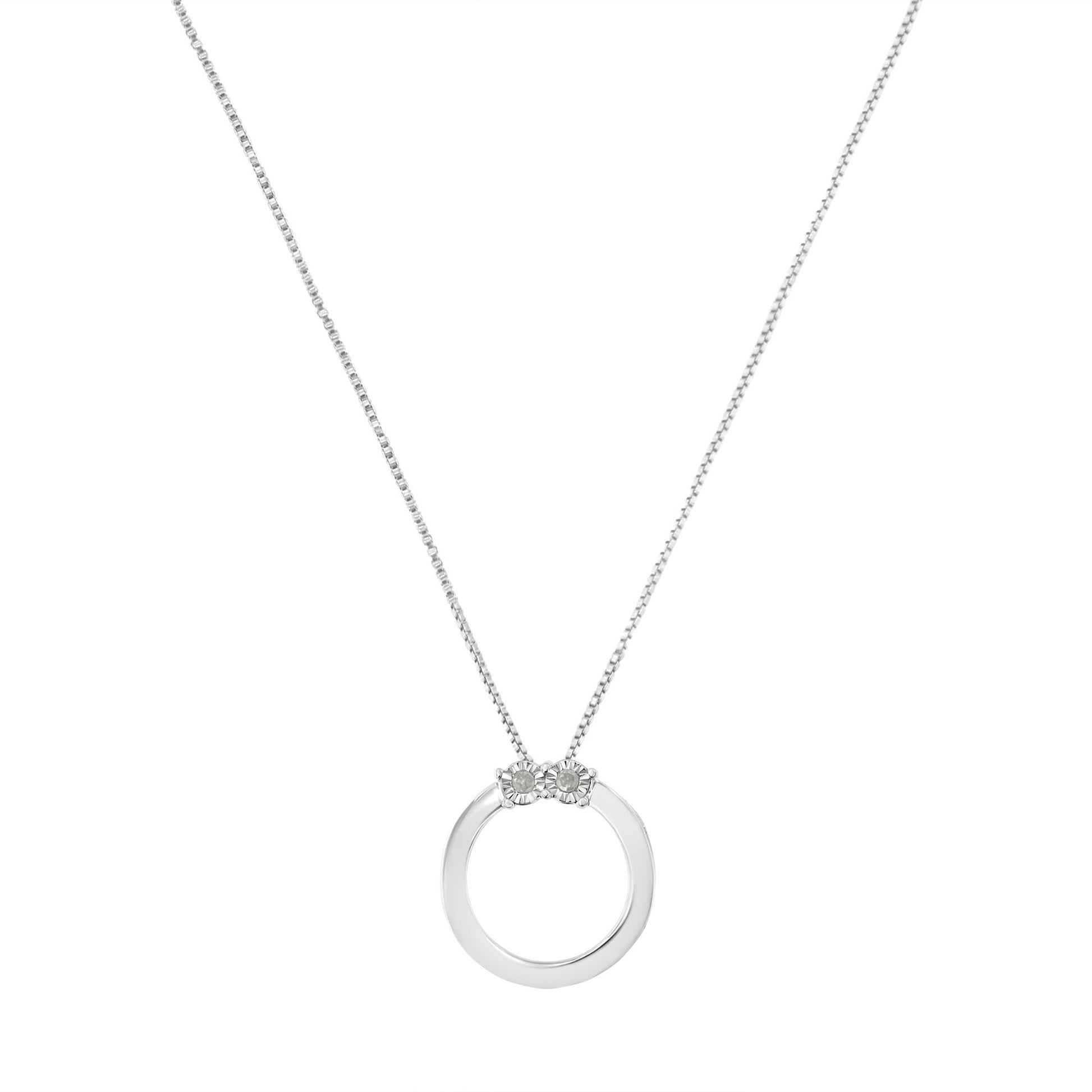 Front view of a white metal circle pendant necklace with two round white gemstones in miracle setting at the top, hanging on a fine chain.