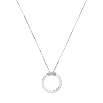 Front view of a white metal circle pendant necklace with two round white gemstones in miracle setting at the top, hanging on a fine chain.