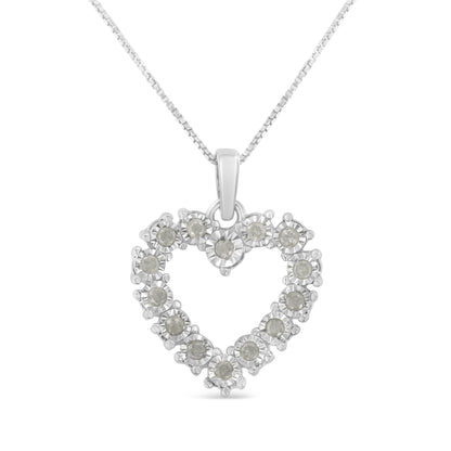 Front view of a white necklace with a heart-shaped pendant featuring round white gemstones in a miracle setting.