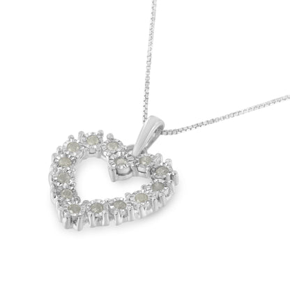 White metal heart-shaped necklace pendant with round white gemstones in a miracle setting, shown in a close-up angled view.