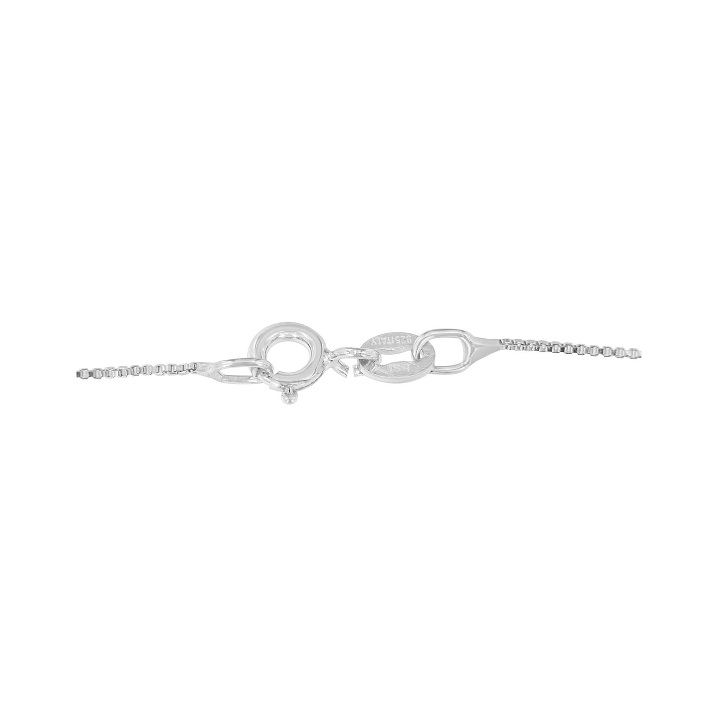 Close-up front angle of the clasp and chain of a white necklace with two round white gemstones in miracle setting.